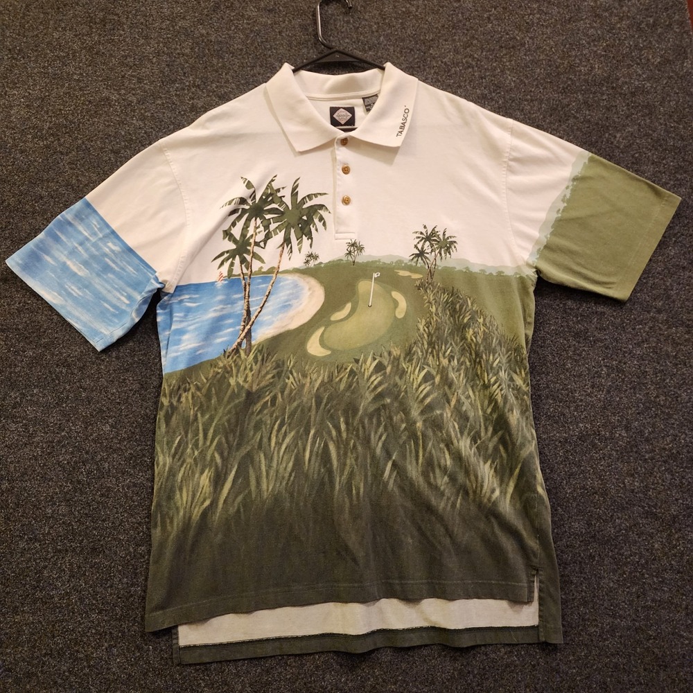 TABASCO All-Over Print Golf Course Scene Polo Vintage 90s White Green Size XL